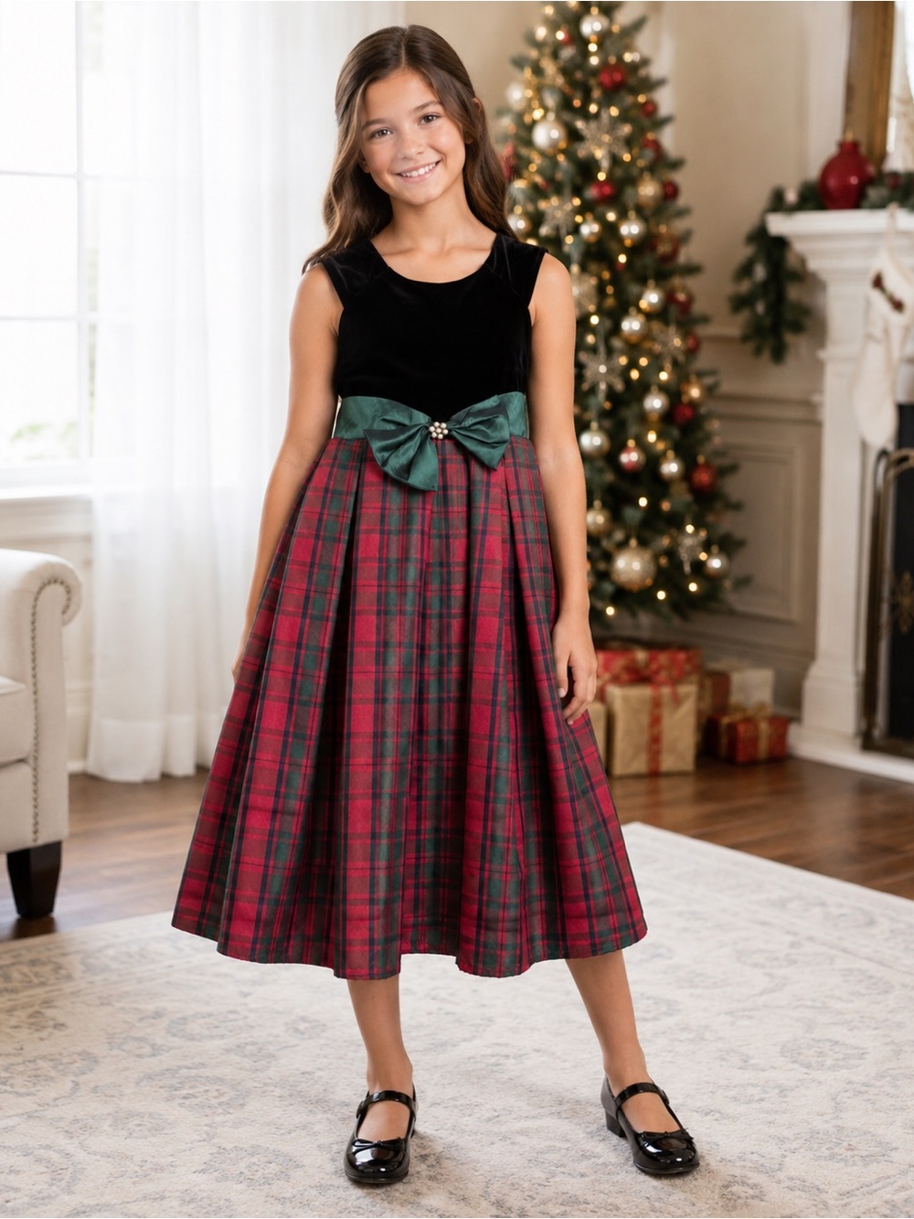 Charter Club Girls Velvet & Plaid Taffeta Holiday Party Dress Size 12
